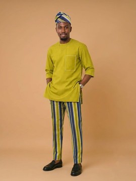 Olive Green &amp; Striped Aso-Oke Traditional Senator Wear – Men's 3-Piece Tunic, Trousers, and Cap