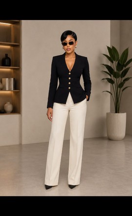 Women's Black V-Neck Blazer &amp; Cream Trousers Set – Gold Button Two-Piece Office Outfit