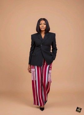 Black Blazer and Crimson &amp; Cream Striped Cargo Trousers