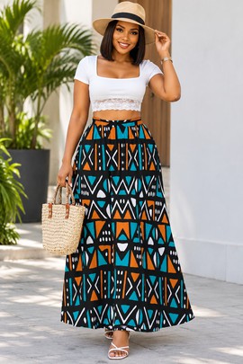 Jupes longues en mousseline à motifs géométriques tribaux africains pour femmes, doublées | Jupe longue à imprimé africain | Bynelo
