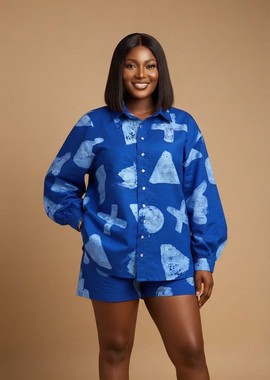 Ensemble chemise à manches longues et short à imprimé Adire bleu et bleu clair