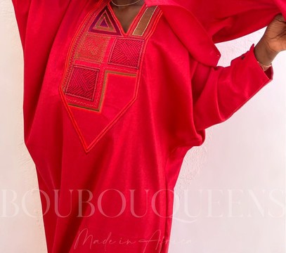 African Boubou Dress for Women "Diena" Red in Glazed Linen — With Scarf