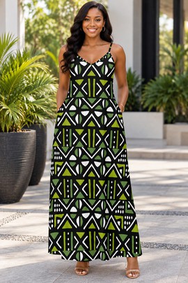 Robe longue élégante en bogolan tribal à col en V pour femme, avec poches