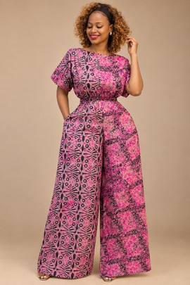 Women’s Pink Ankara Print Wide-Leg Jumpsuit – Short Sleeve African Print Palazzo Playsuit