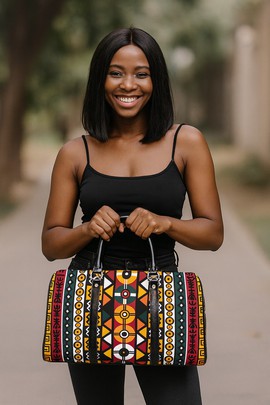 African Travel Bag Leather Geometric Bogolanfini Print