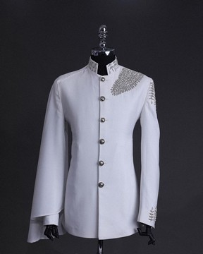 A white, hand “ide” silver metal wire embroidery, right hand sache safari suit