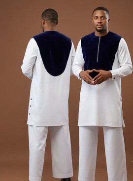 Men's Yoruba Traditional Ensemble, White &amp; Navy Velvet