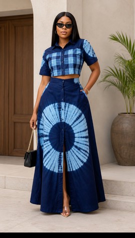 Women's Indigo Adire Tie-Dye Plaid Crop Top &amp; Maxi Skirt Set – Nigerian Tie &amp; Dye Two-Piece Outfit