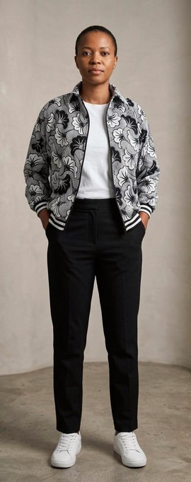 Women's bomber jacket in black and white wax print – Cotton lining, elegant finish