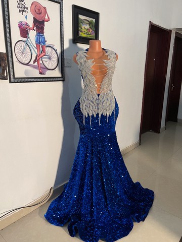 Royal blue ice sequins prom dress