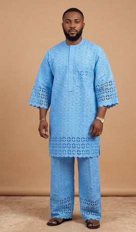 Men's Sky Blue Swiss Cotton Eyelet Lace Senator Set
