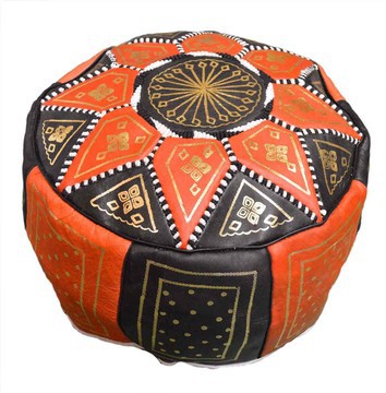 Grand pouf en vrai cuir Naturel Noir et rose