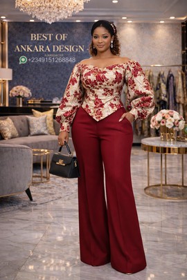 Luxury Royal Blue Brocade Padded Top and Wide Leg Pant Set