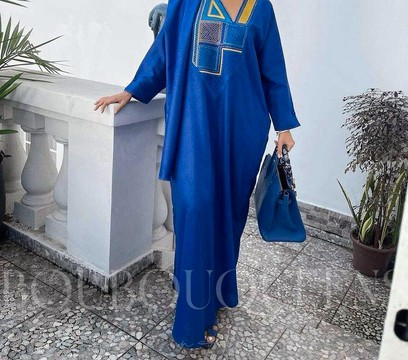 African Boubou Dress for Women "Diena" Blue in Glazed Linen — With Scarf