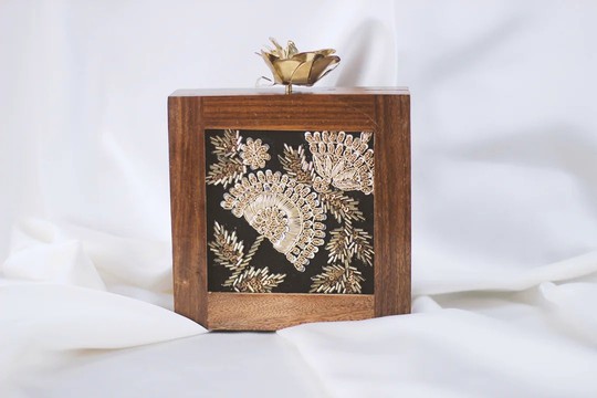 Wooden Embellished Clutch with Metallic Floral Detail