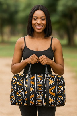 African Travel Bag Leather Native Bogolanfini Print