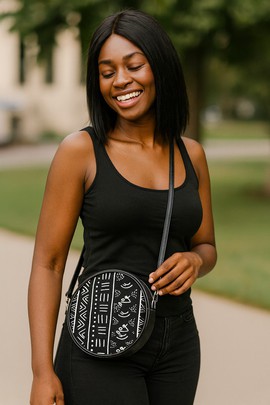 Round Sling Bag Mud Cloth Black &amp; White Print
