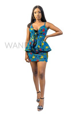 African Print Front Tie Peplum Top &amp; Mini Skirt, Ankara 2piece Skirt, Wax print Clothing for Women
