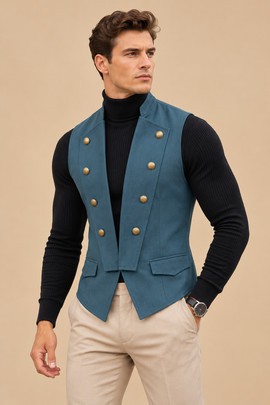 Men’s Teal Blue Double-Breasted Waistcoat – Victorian-Inspired Tailored Vest with Gold Buttons