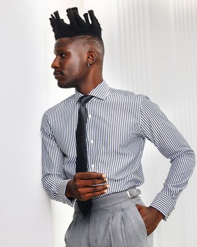 A white &amp; blue stripe, cut-away collar business shirt