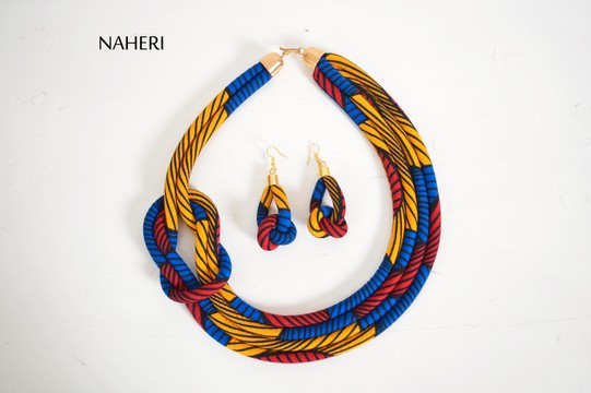 African tribal print rope necklace and earrings set. Ankara print fabric jewelry