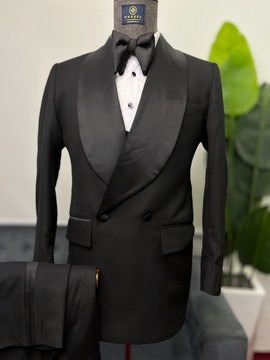 Black wool double breasted shawl lapel tuxedo suit.  Best seller