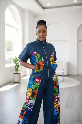 African Print 2 Piece Denim Jacket and Pants Set, Ankara Accent Jacket and Pants Set