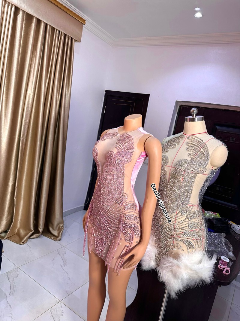 Pink rhinestones short homecoming dress, pink crystal short birthday dr -  ANKA