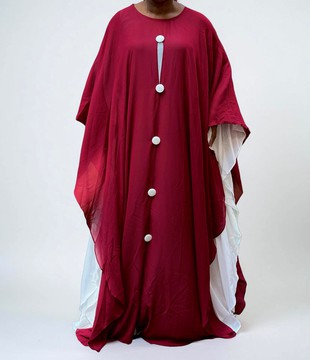 Two -tone Red and White Sheer Chiffon Maxi Layered Button-up Kaftan Dress