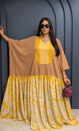 Elegant African Boubou Maxi Dress – Two-Tone Brown &amp; Yellow Ankara Kaftan Dress for Women