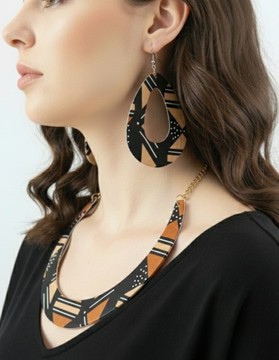 Ensemble Bijoux "Graphique Chic" – Collier et Boucles d’Oreilles Motif Tribal marron