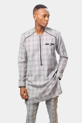 Gray Tartan African Suit, African Men's Clothing, African Men's Suit, Traditional outfits