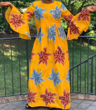 African Print Ankara Floral Print Ruffle Sleeve Cotton Maxi Dress