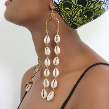 Handmade Cowrie Shell Drop Earrings for Women – African Brass Statement Dangle Earrings