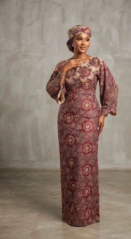 Exquisite Burgundy Floral Embroidered African Traditional Long Gown &amp; Matching Gele Headwrap