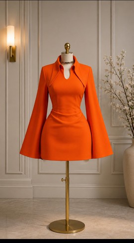 Women's Orange Fitted Mini Dress with Statement Collar and Bell Sleeves – Structured A-Line Dress