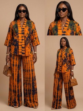 Ensemble kimono deux pièces Adire tie-dye orange vif et indigo