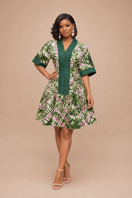 Elegant Green Print Ankara Mini Dress with V-Neck Contrast Panel and Flared Short Sleeves