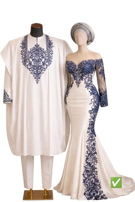 Couples traditional Outfit – White &amp; Navy Embroidered Agbada &amp; Lace Mermaid Gown Set"
