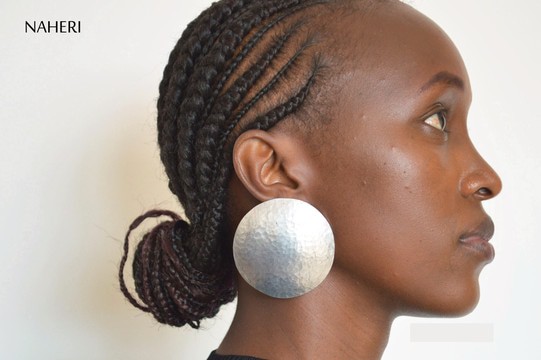 African inspired aluminum metal earrings round hammered
