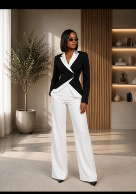 Ensemble tailleur femme avec blazer noir et blanc colorblock et pantalon à jambes larges