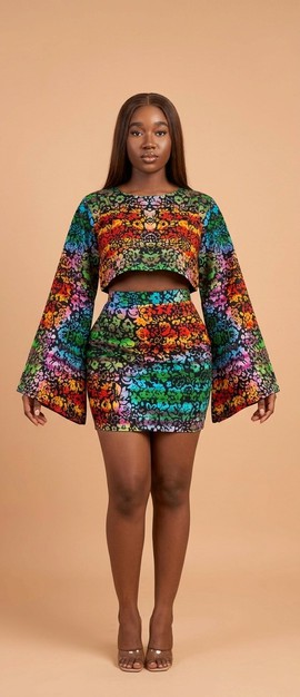Ensemble jupe 2 pièces en imprimé africain – Tenue pour femme avec haut court coloré et mini-jupe