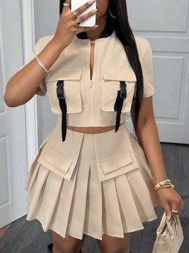 Women's Beige Cotton Utility Crop Top &amp; Pleated Cargo Mini Skirt Set