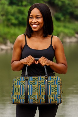 African Leather Bag for Travel Kente Traditional Print