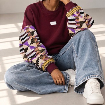 WOMEN’S BURGUNDY KENTE SWEATSHIRT – AFRICAN WAX BOGOLAN SEQUIN SLEEVES | KAYSOL COUTURE