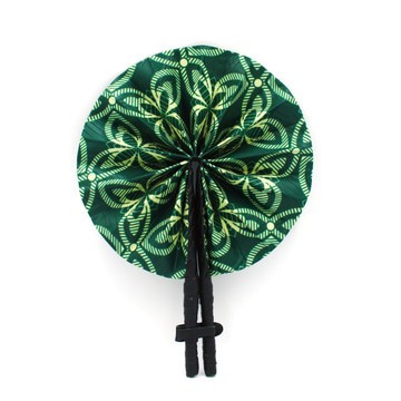Hand Fan - Green Leaf - Black vegan Leather  100% Cotton Print , Summer &amp; Travel Accessories