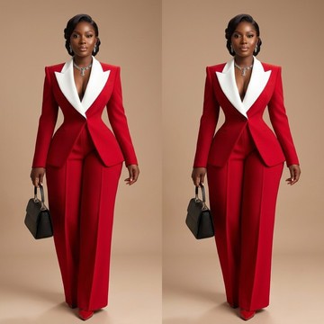 Red &amp; Crisp White Lapel Hourglass Power Suit Set – 2-Piece Blazer and Wide-Leg Trousers
