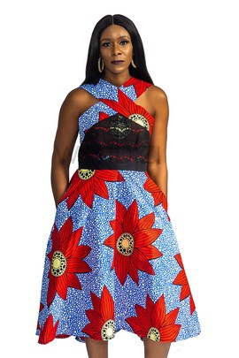Criss Cross African Print Lace Overlay Flare Dress, Ankara Fit and Flare Dress