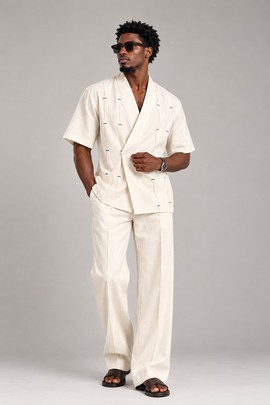 Men’s Cream Linen Short Sleeve Co-Ord Set – Relaxed Fit Wrap Shirt &amp; Wide-Leg Trousers