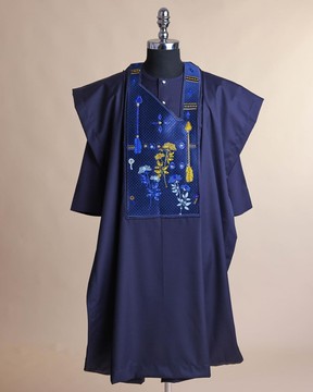 A midnight blue, arrow &amp; floral metallic wire embroidery design with ss30 &amp; ss20 Agbada